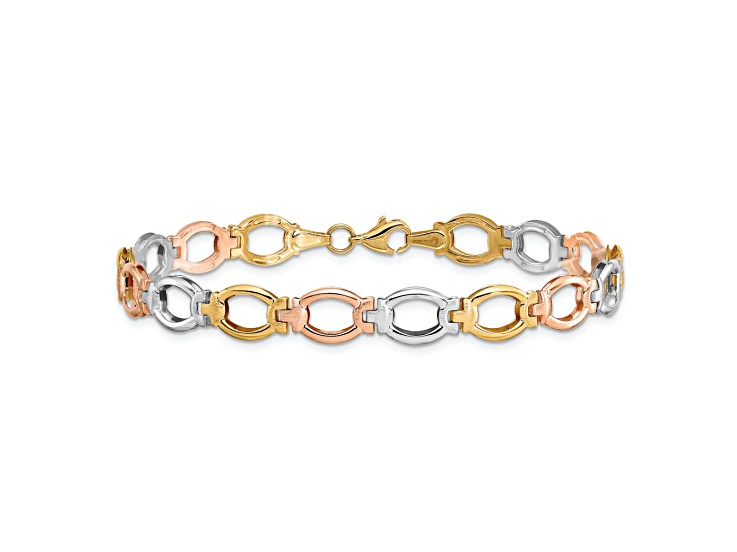14K tri-color gold Polished and Satin 7mm Fancy Link Bracelet