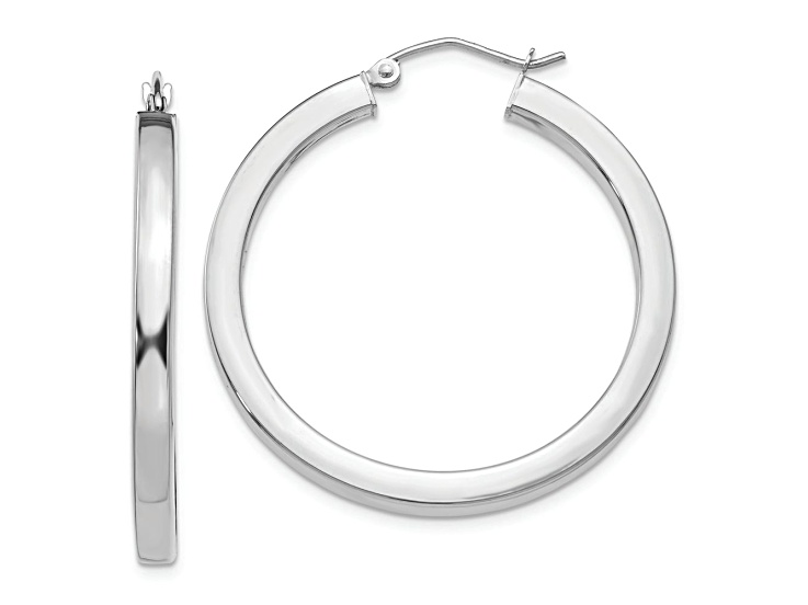 Rhodium Over 14k White Gold 1 3/8 inch Polished Square Tube Hoop Earrings