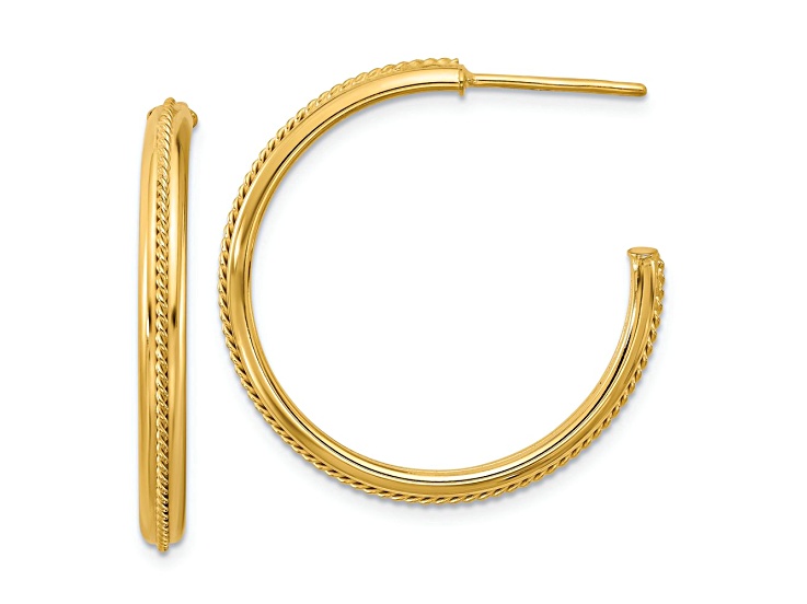 14k Yellow Gold 1 3/16 inch Polished and Textured Round J-Hoop Earrings