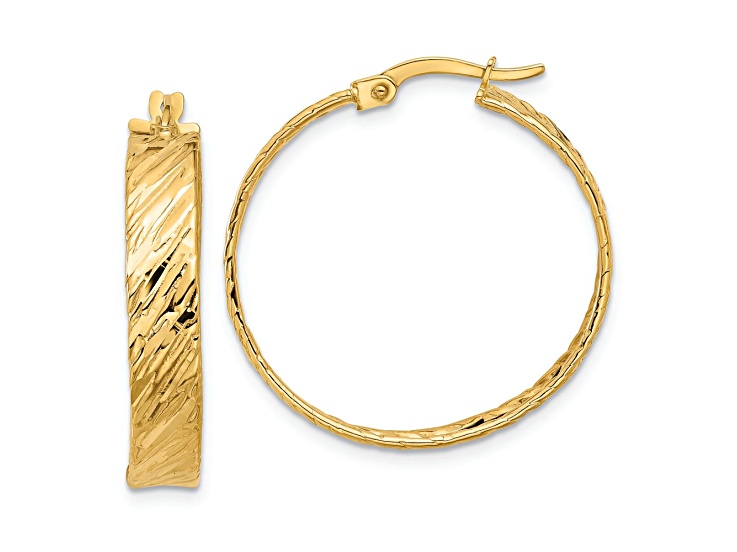 14k Yellow Gold 1 1/16 inch Polished and Textured Round Hoop Earrings