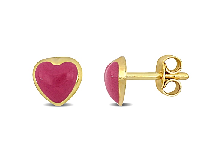 Children's 14K Yellow Gold Pink Enamel Heart Stud Earrings