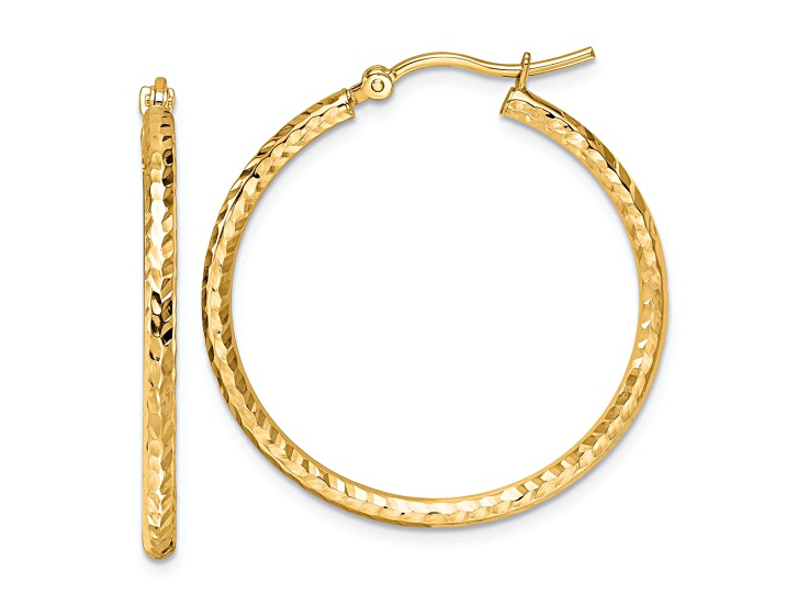 10k Yellow Gold 1 3/16 inch Diamond-Cut Round Tube Hoop Earrings