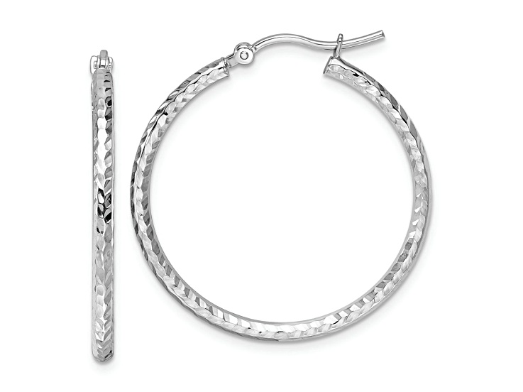 Rhodium Over 10k White Gold 1 3/16 inch Diamond-Cut Round Tube Hoop Earrings