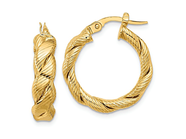 14k Yellow Gold 7/8 inch Polished and Textured Twisted Hoop Earrings