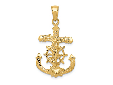 14K Yellow Gold Polished Textured Mariners Crucifix Rope and Wheel Pendant