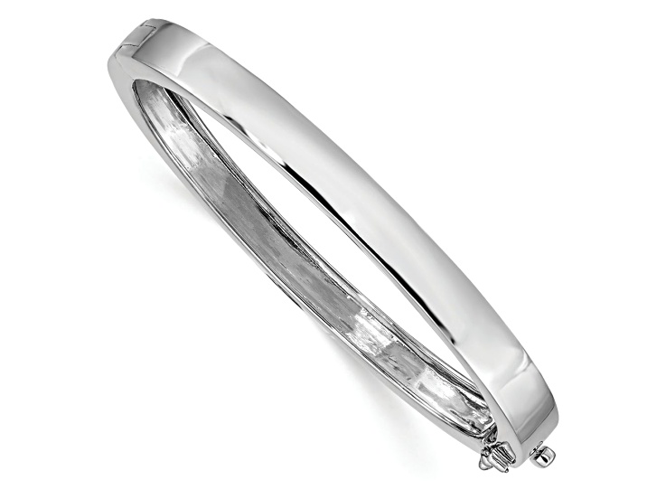 Rhodium Over 14k White Gold 6.3mm Polished Solid Hinged Bangle Bracelet