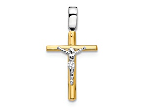 14K Yellow Gold and 14K White Gold Polished Crucifix Cross Pendant