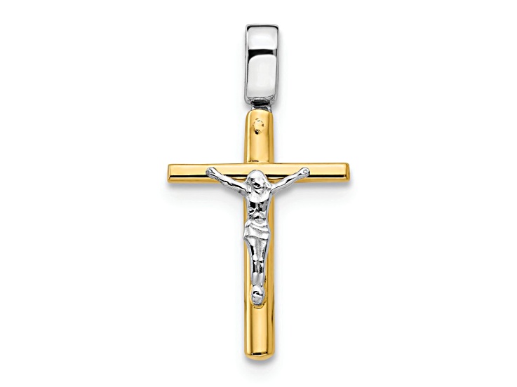 14K Yellow Gold and 14K White Gold Polished Crucifix Cross Pendant