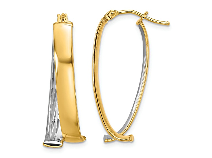 10K Two-tone Gold 1 3/16 inch Polished Textured Fancy Hoop Earrings