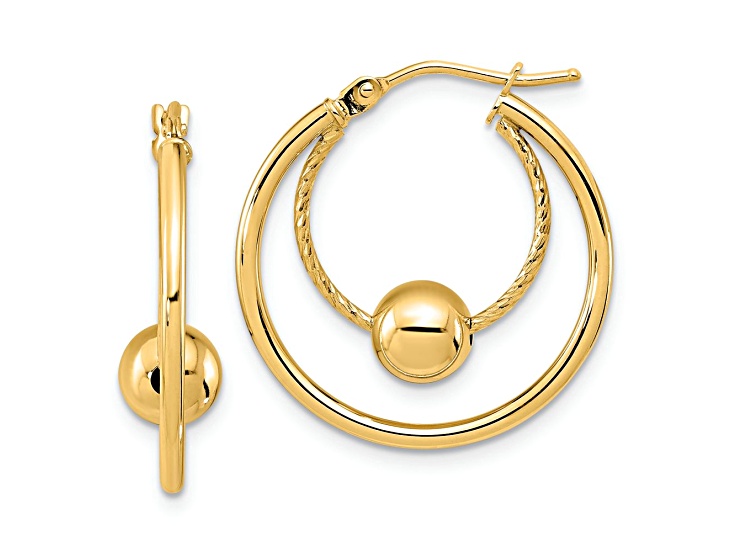 14k Yellow Gold 7/8 inch Polished Textured Ball Hoop Earrings