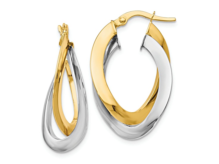 10K Two-tone Gold 1 1/16 inch Polished Twisted Double Hoop Earrings