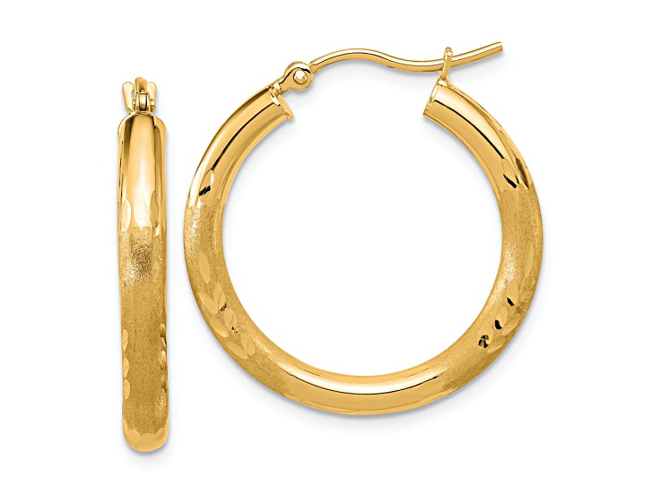 14k Yellow Gold 1 inch Satin and Diamond-Cut Round Hoop Earrings