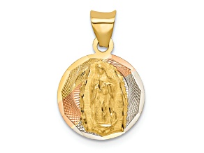 14K Yellow Gold with Rose and White Rhodium Polished Diamond-cut Lady Of Guadalupe Circle Pendant