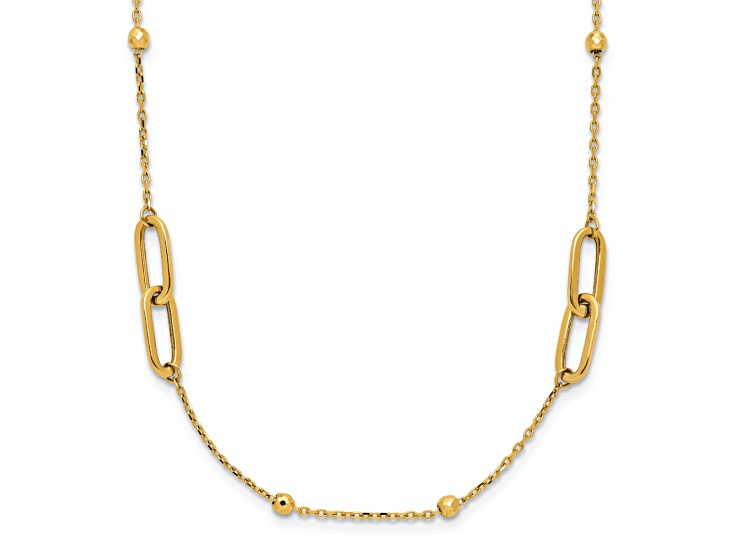 10k Yellow Gold Polished and Diamond-Cut Fancy Link with Beads 17 Inch Necklace