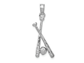 Rhodium Over 14k White Gold Polished and Textured Open-Back Bats and Baseball Pendant