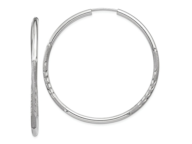 Rhodium Over 14k White Gold Diamond-Cut and Satin 1 5/8" Endless Hoop Earrings