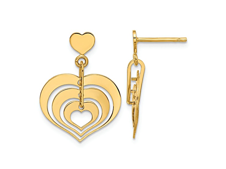 14k Yellow Gold Polished Hearts Dangle Earrings