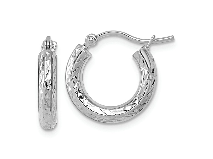 Rhodium Over 10k White Gold 5/8 inch Diamond-Cut Round Hoop Earrings