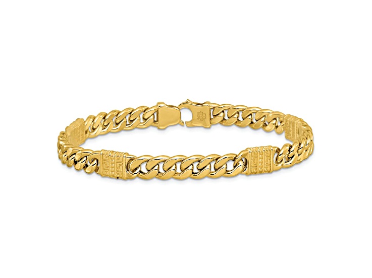 14k Yellow Gold Polished and Grooved Textured Design 8.3mm Fancy Link Men's Bracelet