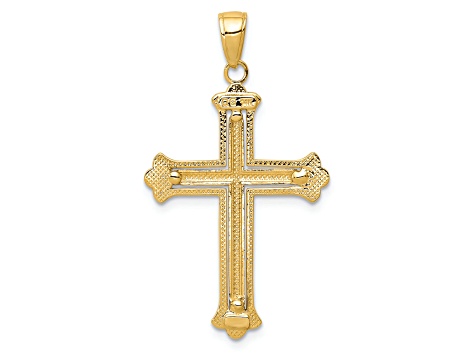 14K Yellow Gold with Rhodium Budded Yellow Cross Frame Pendant