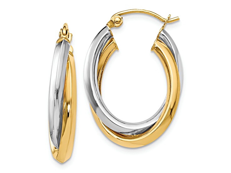 14K Two-tone Gold 7/8 inch Polished Oval Hinged Hoop Earrings