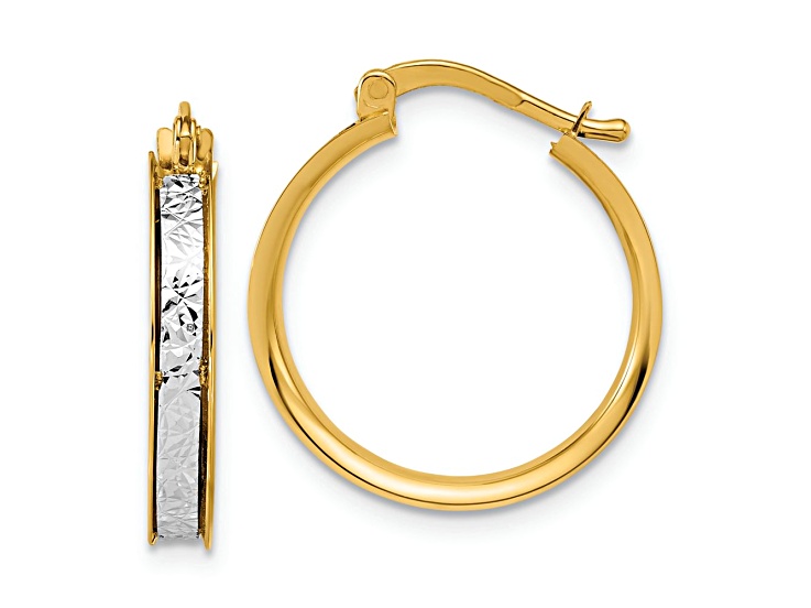 14K Two-tone Gold 3/4 inch Polished and Diamond-Cut Round Hoop Earrings