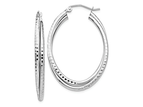 Rhodium Over 14k White Gold Diamond-Cut and Polished 1 1/2" Oval Hoop Earrings