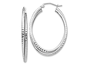 Rhodium Over 14k White Gold Diamond-Cut and Polished 1 1/2" Oval Hoop Earrings