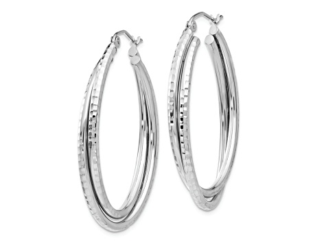 Rhodium Over 14k White Gold Diamond-Cut and Polished 1 1/2" Oval Hoop Earrings