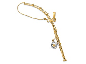 14k Two-tone Gold 3D Moveable Fishing Pole with Reel Charm