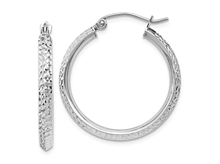 Rhodium Over 14k White Gold 1 inch Diamond-Cut Knife Edge Hoop Earrings