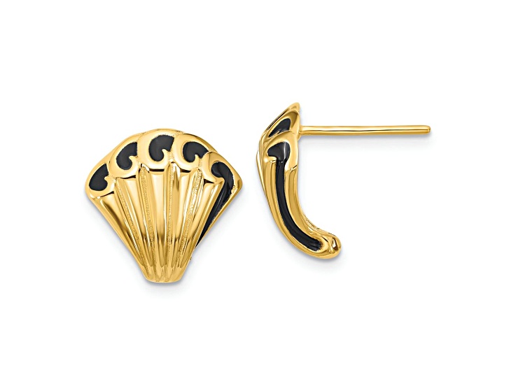 14k Yellow Gold with Black Enamel 14.6mm Polished Fancy Stud Earrings