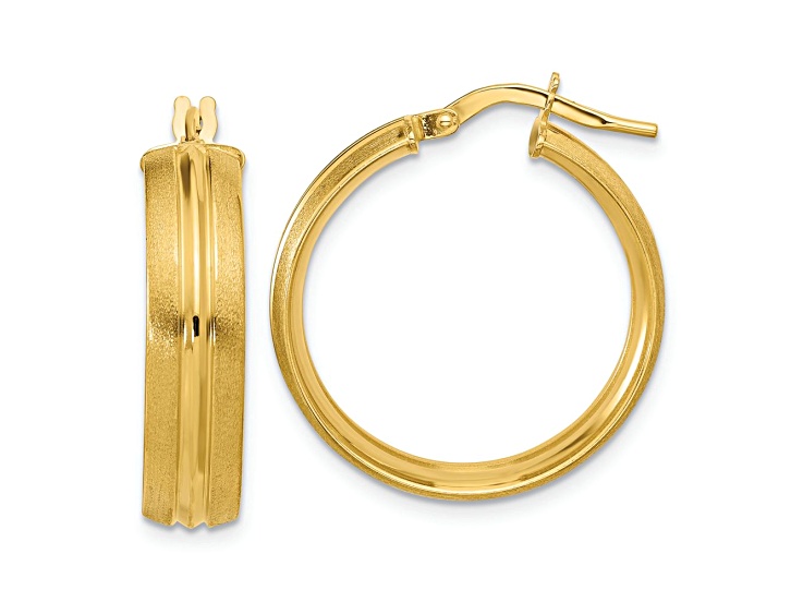 14k Yellow Gold 7/8 inch Polished and Satin Round Hoop Earrings