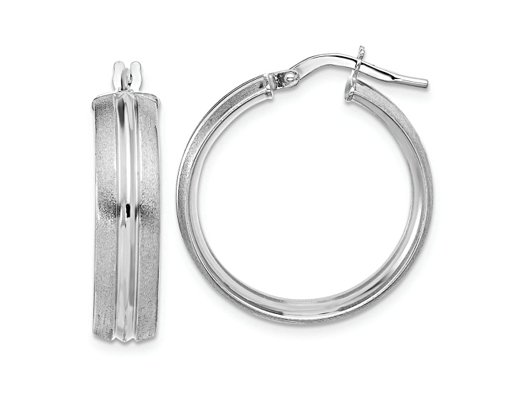 Rhodium Over 14k White Gold 7/8 inch Polished and Satin Round Hoop Earrings