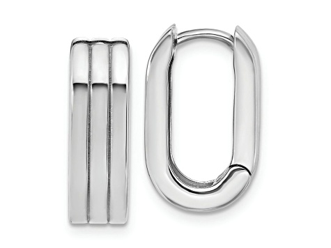 Rhodium Over 14k White Gold 11/16 inch Polished and Grooved Hinged Huggie Hoop Earrings