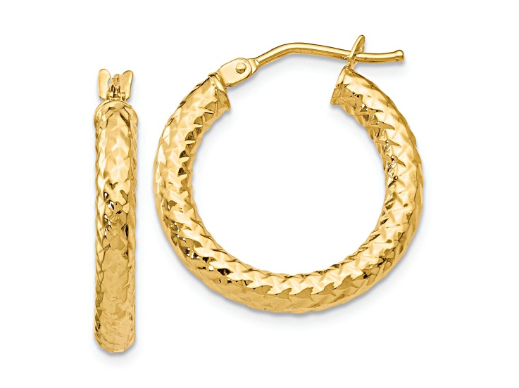 10k Yellow Gold 7/8 inch Polished and Textured Hoop Earrings
