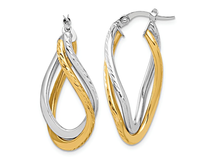 10K Two-tone Gold 1 1/8 inch Polished and Diamond-cut Twist Hoop Earrings