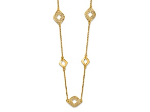 14k Yellow Gold Polished and Filigree Patterned Textured Diamond Shape Cable Link 18 Inch Necklace