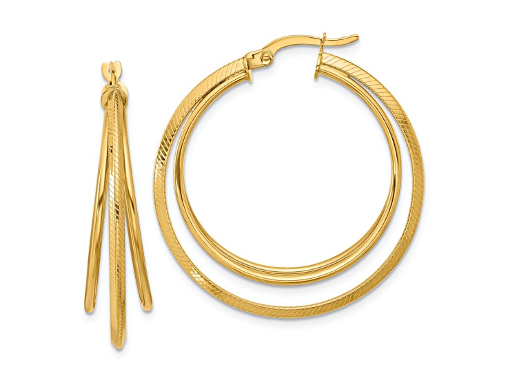 14k Yellow Gold 1 5/16 inch Polished and Textured Triple Row Hoop Earrings