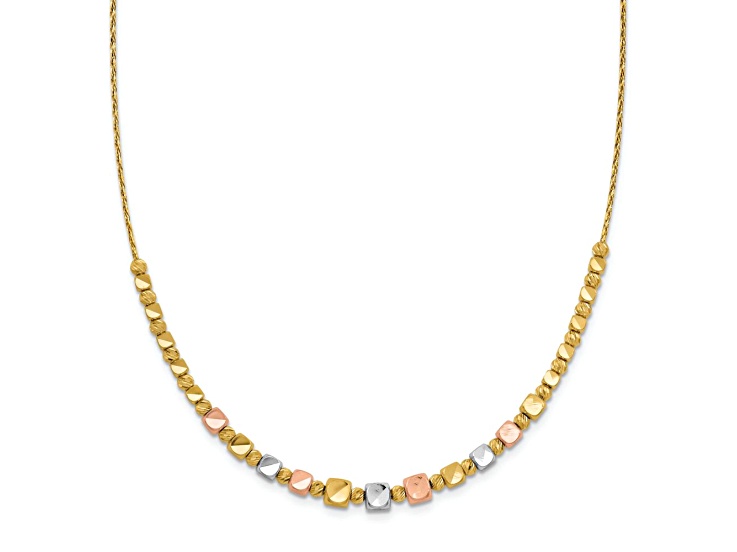 14k Yellow Gold, 14k White Gold and 14k Rose Gold Diamond-Cut Fancy Square Beads 16 Inch Necklace