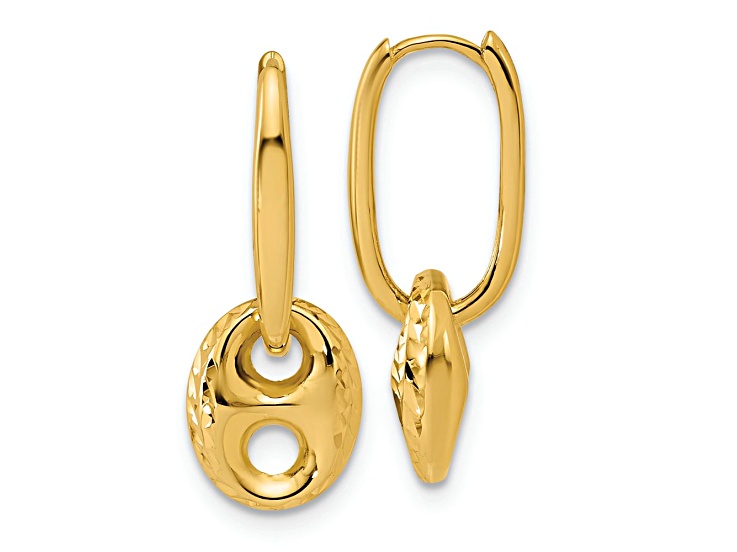 14k Yellow Gold 7/8 inch Polished and Diamond-Cut Mariner Bead Hinged Hoop Earrings