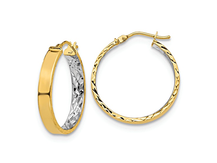 14K Two-tone Gold 15/16 inch Polished and Diamond-Cut Hoop Earrings