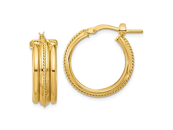 14k Yellow Gold 13/16 inch Polished and Textured Round Hoop Earrings
