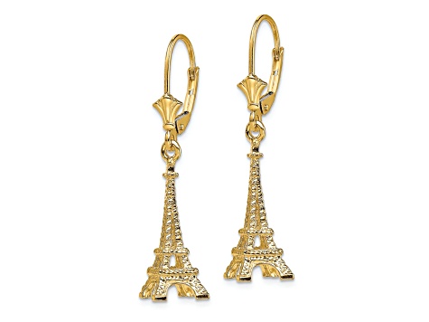 14k Yellow Gold 3D Textured Eiffel Tower Dangle Earrings