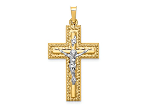 14k Yellow Gold and 14k White Gold Polished Rope Edge Latin Crucifix Pendant