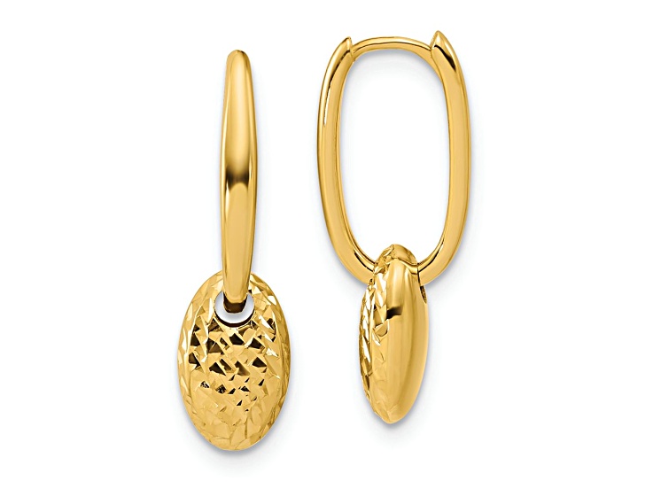 14k Yellow Gold Polished and Diamond-Cut Oval with Bead Hinged Hoop Earrings