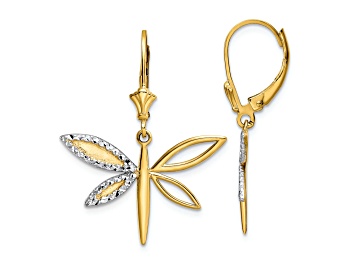 Picture of 14K Yellow Gold and Rhodium Over 14K Yellow Gold Diamond-Cut Dragonfly Dangle Earrings