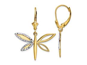 14K Yellow Gold and Rhodium Over 14K Yellow Gold Diamond-Cut Dragonfly Dangle Earrings
