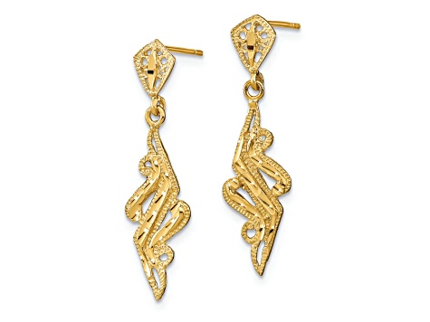 14k Yellow Gold Diamond-Cut and Textured Fancy Post Dangle Earrings