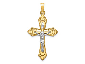 Picture of 14k Yellow Gold and 14k White Gold Polished Fleur-de-Lis Crucifix Pendant